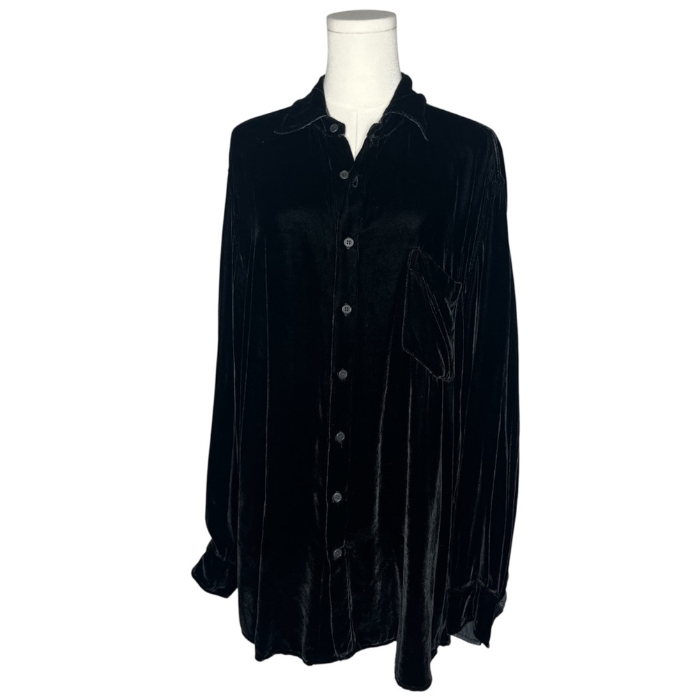 CP Shades Black Velvet Silk Blend Romy Long Sleeve Button Down Shirt Witchy